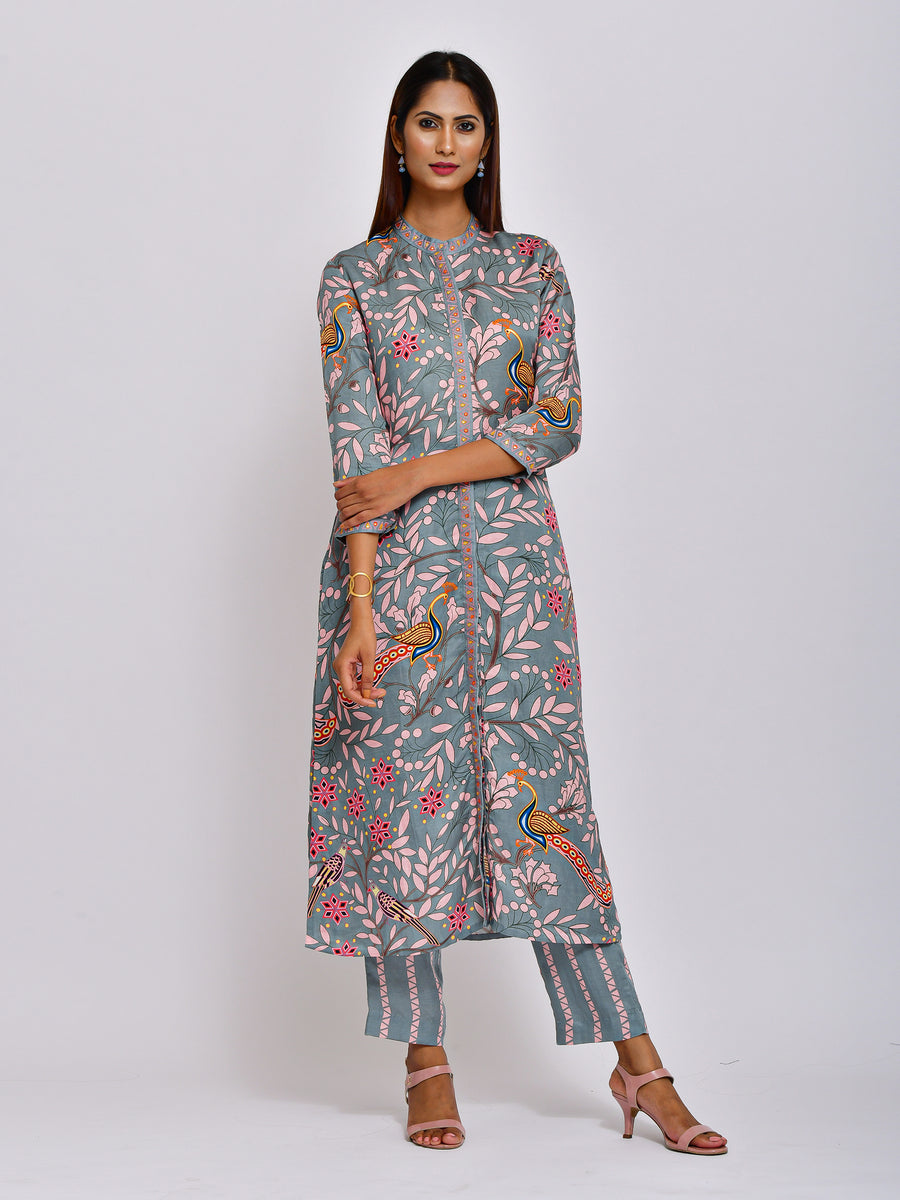 Peacock Printed Embroidered Jaal Kurta with Pants