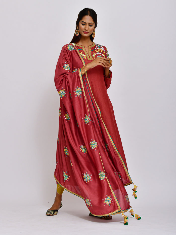 Maroon Tota Embroidered Kurta Set