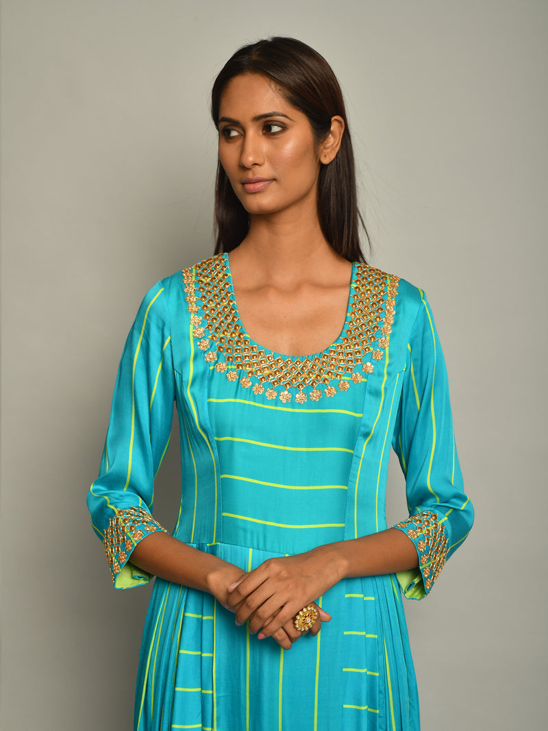 Turquoise Stripe Dhoti Dress - Swati Vijaivargie