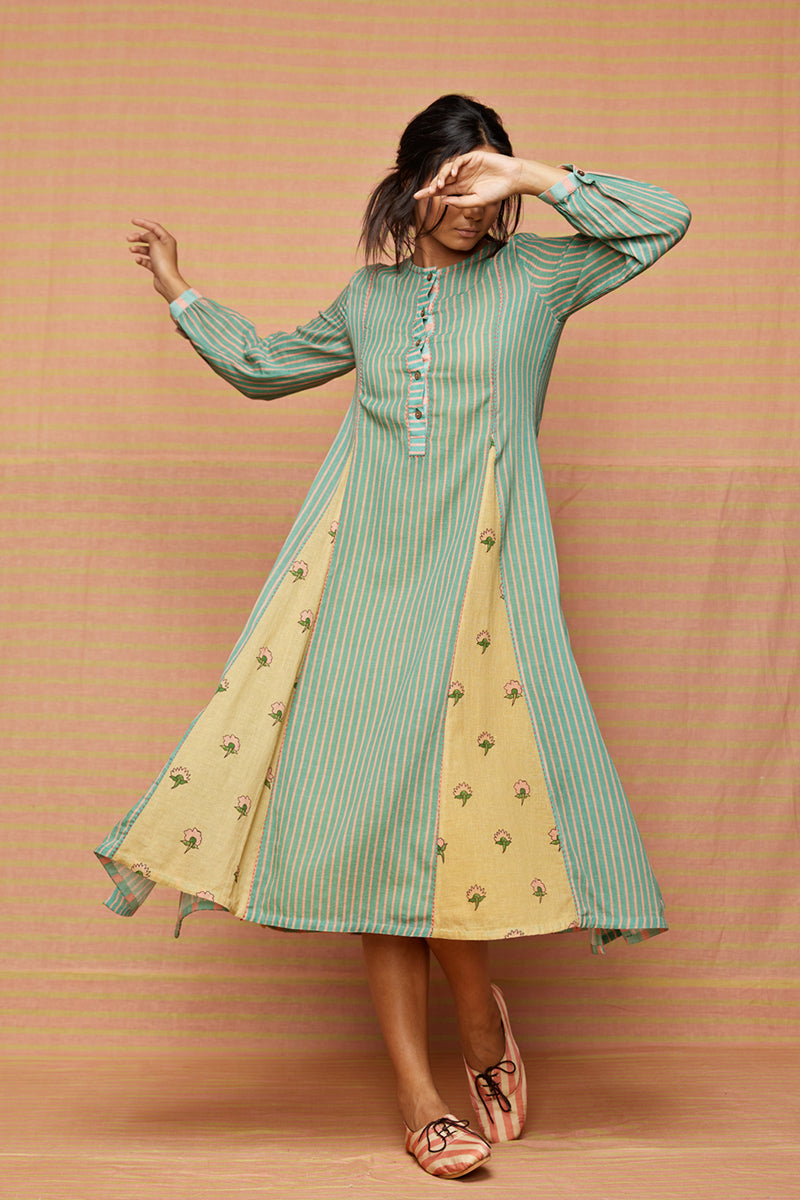 Buy Block Printed Buti Striped Panelled A Line Kurta & Dress Online in India S