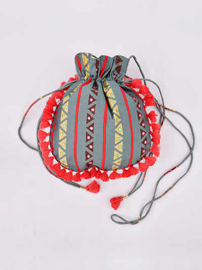 Morbagh Tribal Grey Embroidered Potli Bag With Tassels