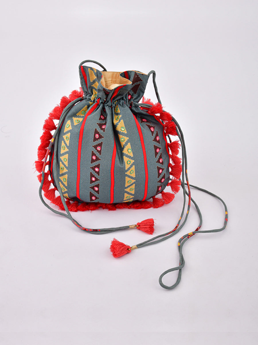 Morbagh Tribal Grey Embroidered Potli Bag With Tassels
