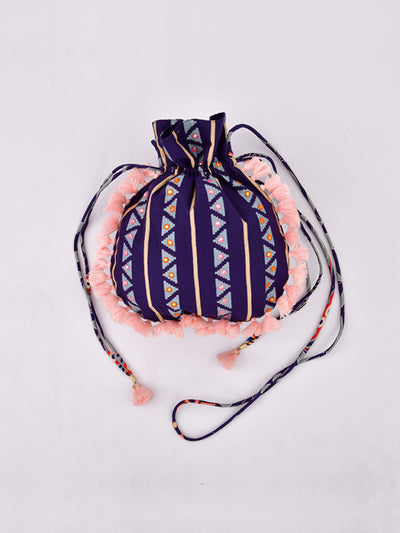 Morbagh Tribal Blue Embroidered Potli Bag With Tassels