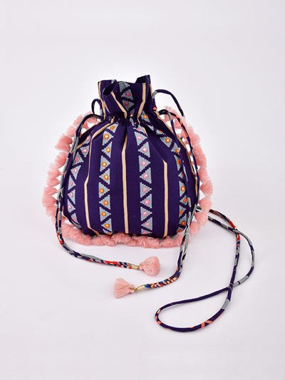 Morbagh Tribal Blue Embroidered Potli Bag With Tassels