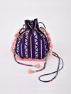 Morbagh Tribal Blue Embroidered Potli Bag with Tassels