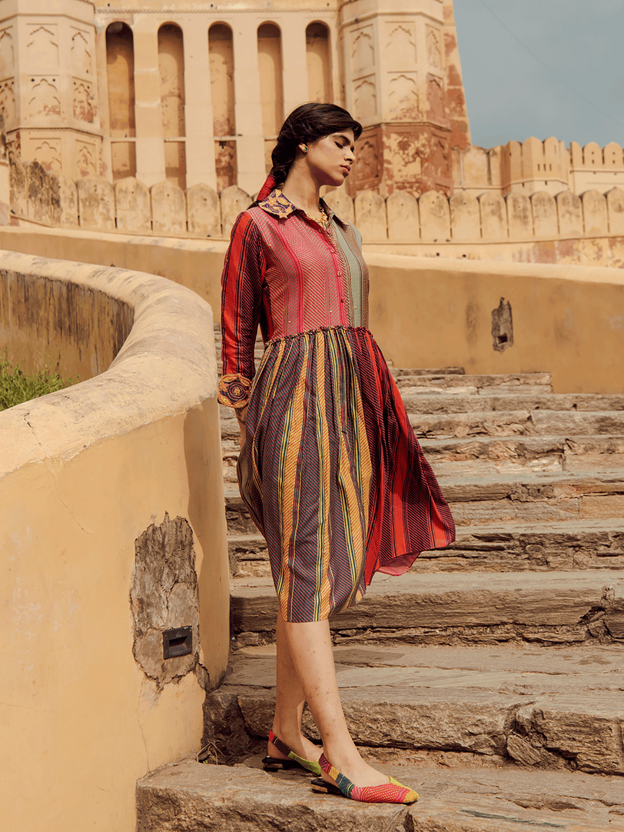 Mela Printed Chanderi Dress With Danka Embroidery
