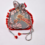 Morbagh Peacock Grey Embroidered Potli Bag With Tassels