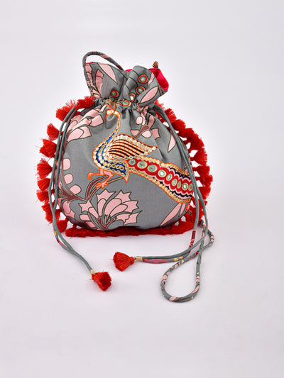 Morbagh Peacock Grey Embroidered Potli Bag With Tassels