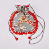 Morbagh Peacock Grey Embroidered Potli Bag With Tassels