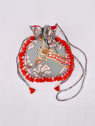 Morbagh Peacock Grey Embroidered Potli Bag With Tassels