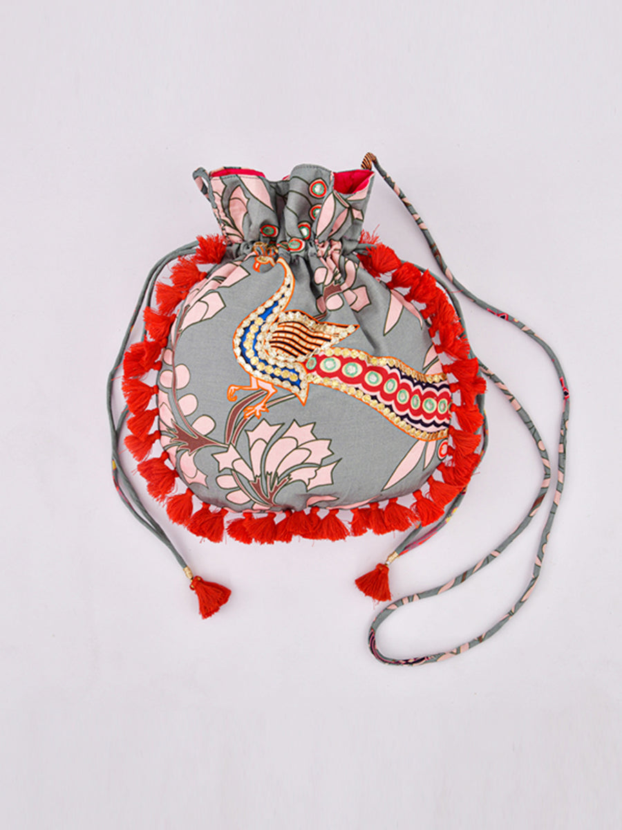 Morbagh Peacock Grey Embroidered Potli Bag With Tassels