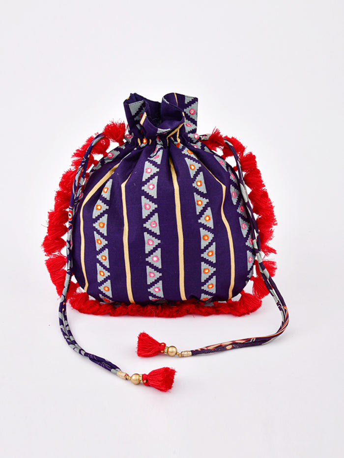 Morbagh Tribal Blue Embroidered Potli Bag with Tassels