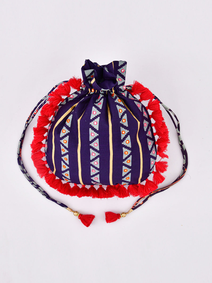 Morbagh Tribal Blue Embroidered Potli Bag With Tassels