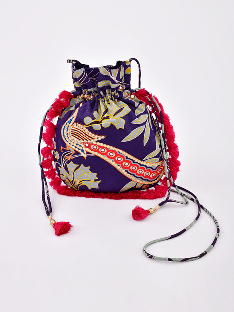 Morbagh Peacock Blue Embroidered Potli Bag with Tassels