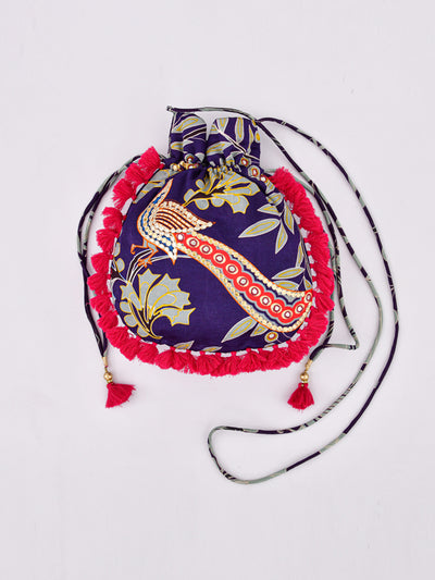 Morbagh Peacock Blue Embroidered Potli Bag With Tassels