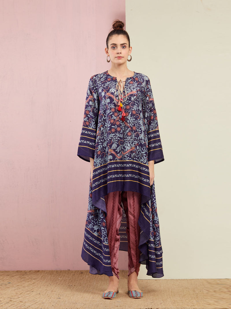 Mor Navy Asymmetrical Embroidered Tunic