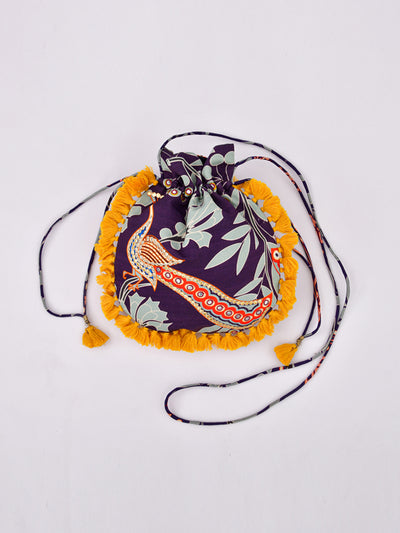 Morbagh Peacock Blue Embroidered Potli Bag With Yellow Tassels