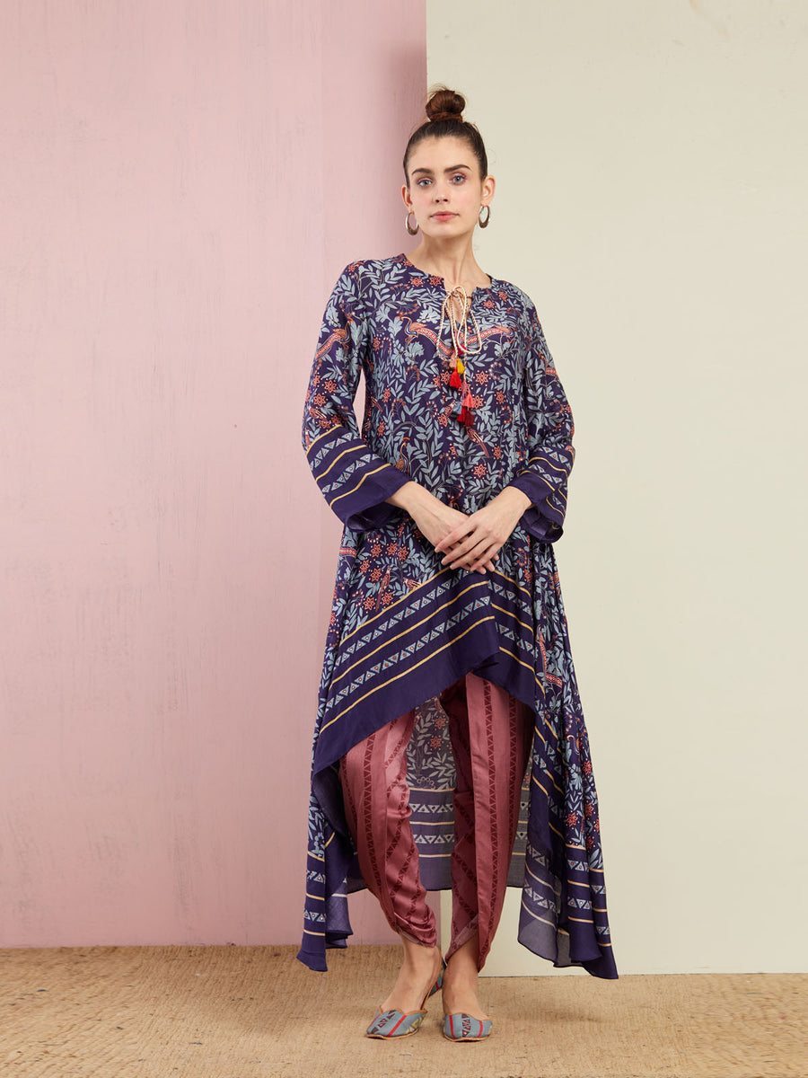 Morbagh Tribal Navy Asymmetrical Embroidered Tunic