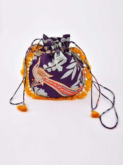 Morbagh Peacock Blue Embroidered Potli Bag With Yellow Tassels