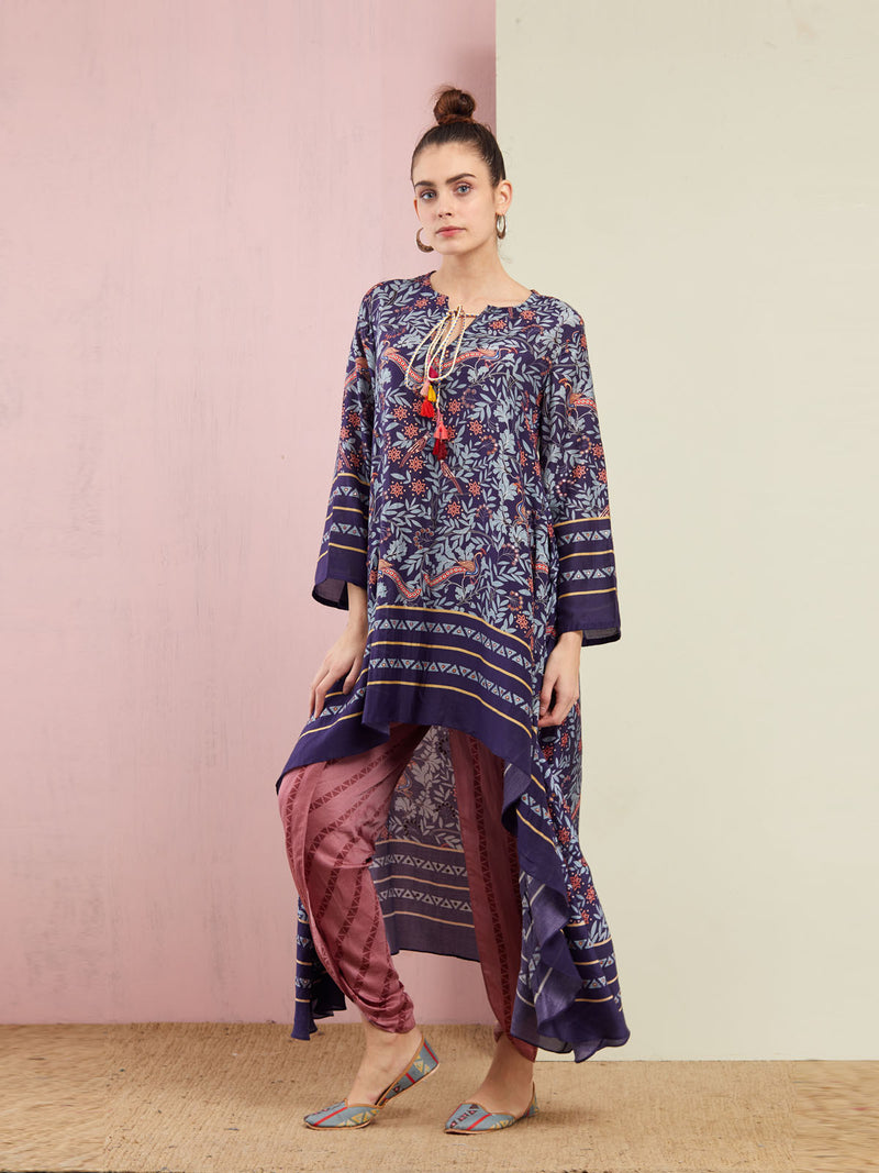 Mor Navy Asymmetrical Embroidered Tunic