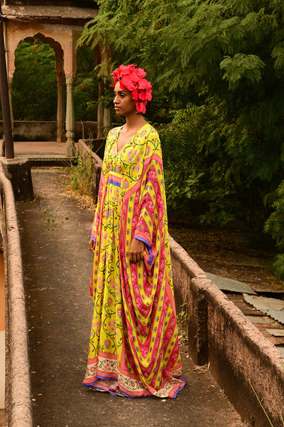 Printed Lime Green and Rani Pink Kaftan