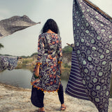 Morbagh Navy Printed Embroidered Asymmetrical Kurta With Dhoti Pants