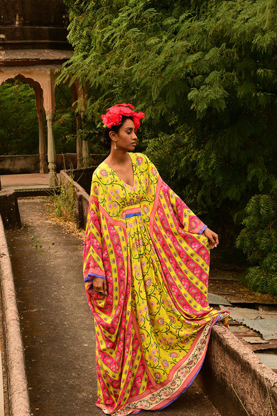 Printed Lime Green and Rani Pink Kaftan