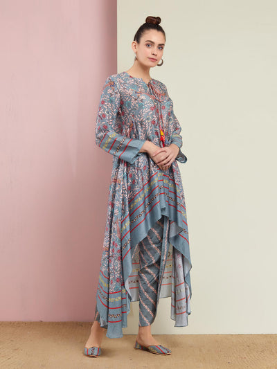 Morbagh Tribal Peacock Grey Asymmetrical Embroidered Tunic