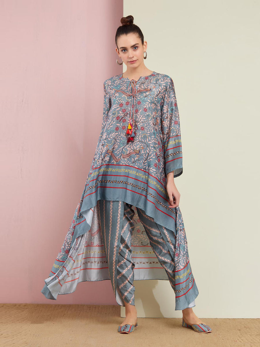 Morbagh Tribal Peacock Grey Asymmetrical Embroidered Tunic