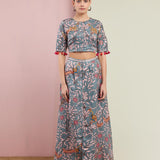 Morbagh Grey Printed Embroidered Crop Top With Wrap Pants