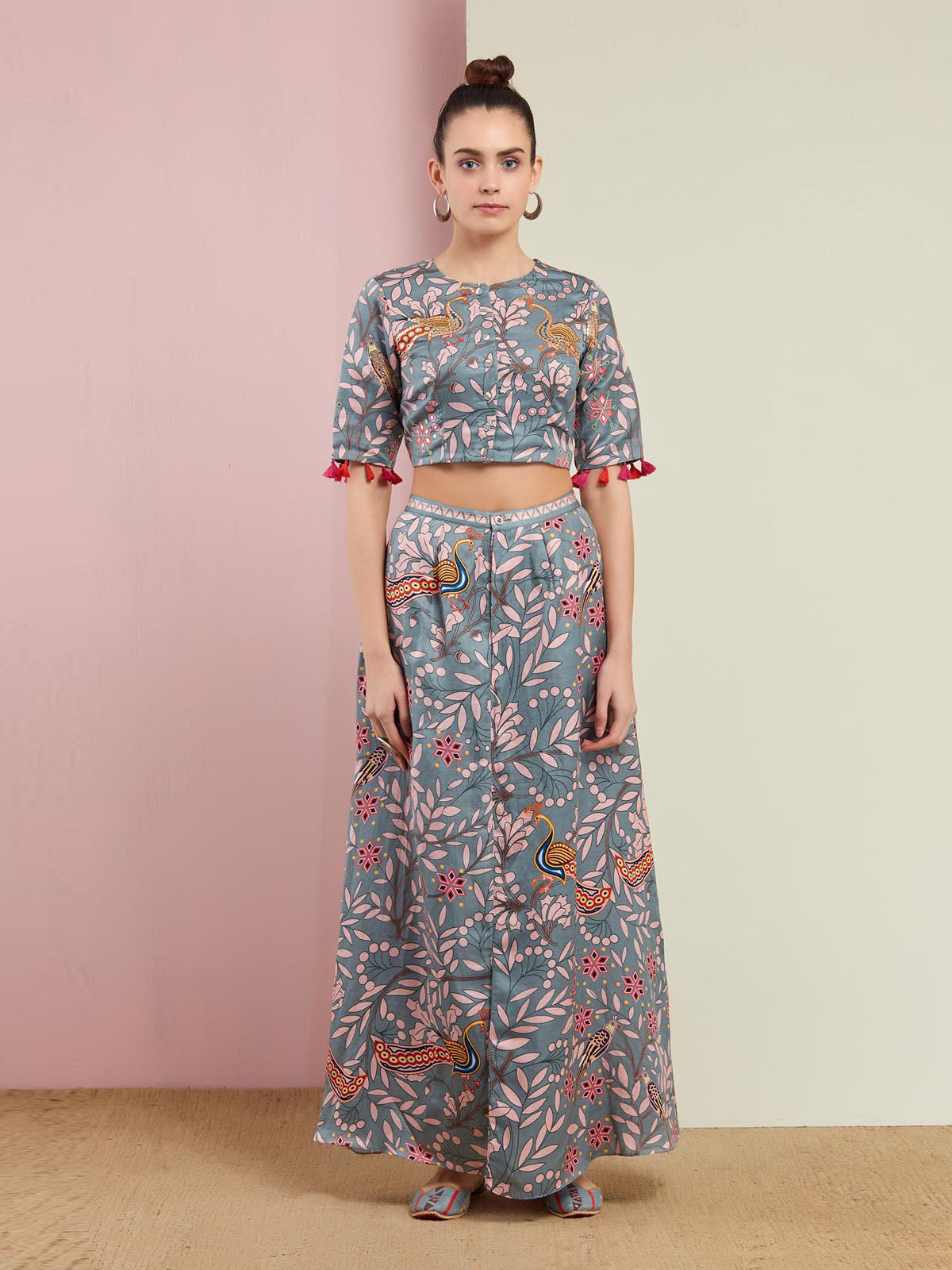 Morbagh Grey Printed Embroidered Crop Top with Wrap Pants