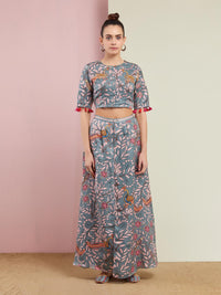 Morbagh Grey Printed Embroidered Crop Top with Wrap Pants