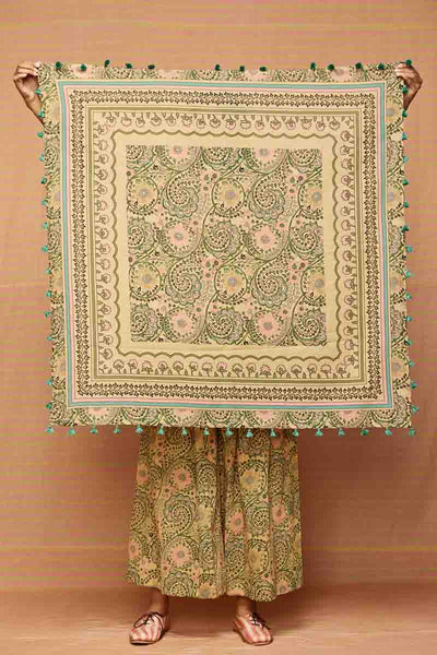 Block Printed Beige Multi Scarf with Tassels