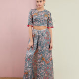 Morbagh Grey Printed Embroidered Crop Top With Wrap Pants
