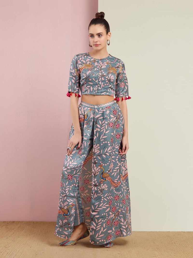 Morbagh Grey Printed Embroidered Crop Top with Wrap Pants