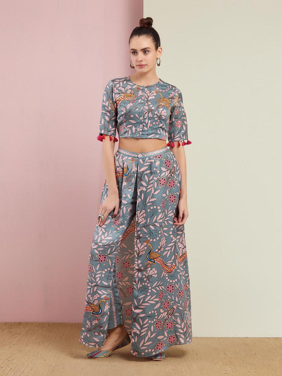 Morbagh Grey Printed Embroidered Crop Top With Wrap Pants
