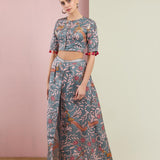 Morbagh Grey Printed Embroidered Crop Top With Wrap Pants