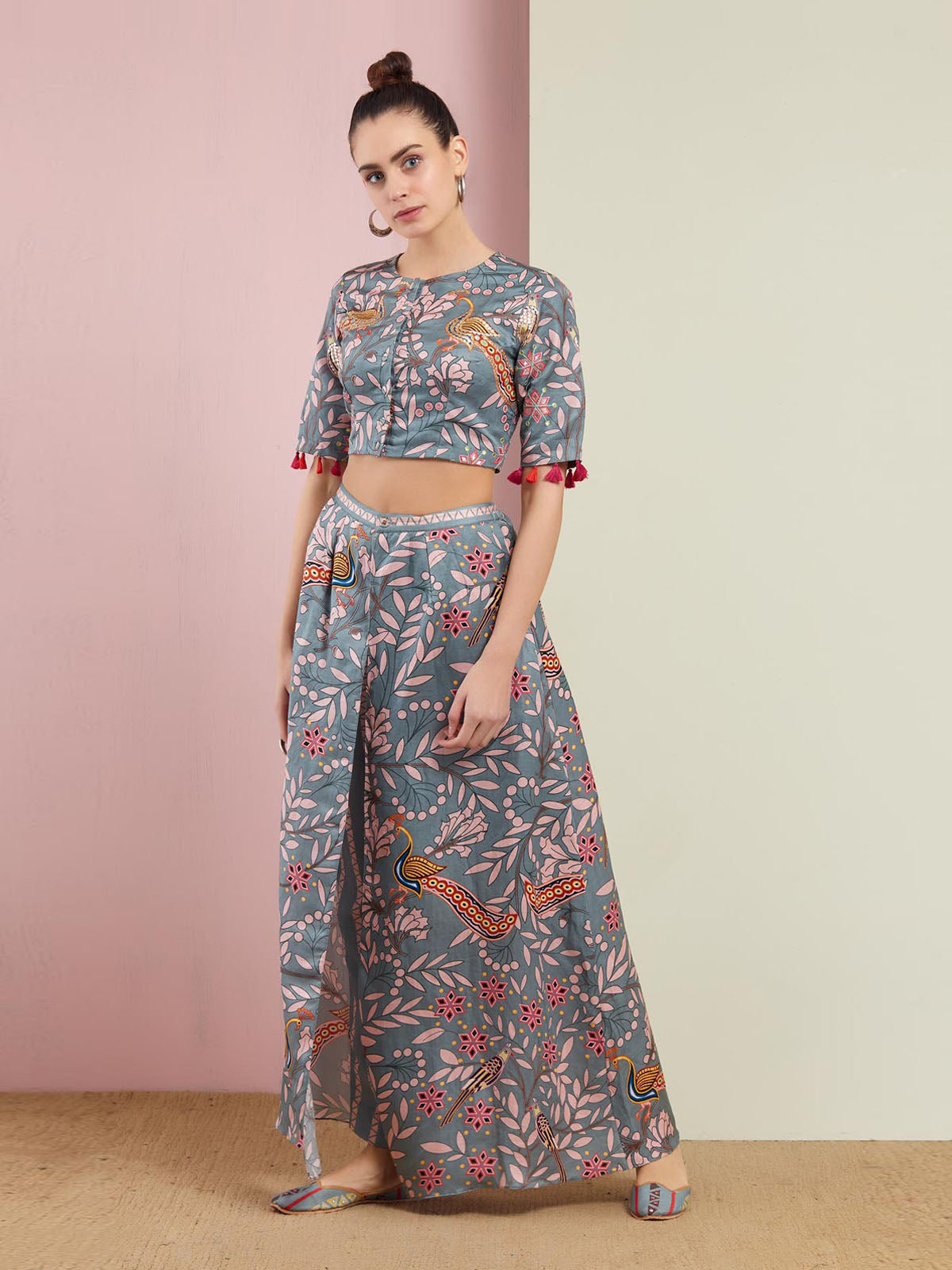 Morbagh Grey Printed Embroidered Crop Top with Wrap Pants