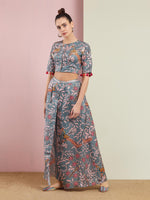 Morbagh Grey Printed Embroidered Crop Top with Wrap Pants