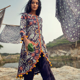 Morbagh Navy Printed Embroidered Asymmetrical Kurta With Dhoti Pants