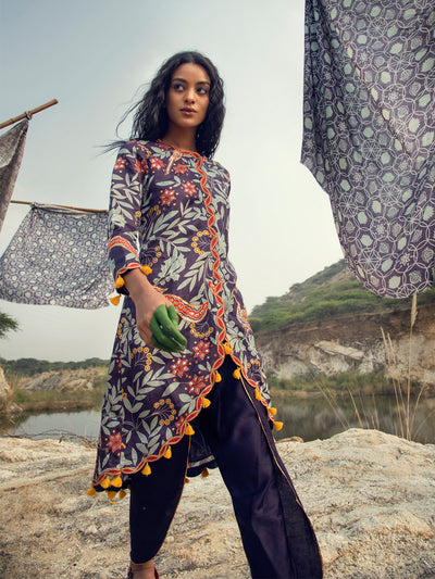 Morbagh Navy Printed Embroidered Asymmetrical Kurta With Dhoti Pants