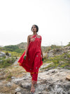 Morbagh Red Embroidered One Shoulder Cape with Pants
