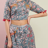 Morbagh Grey Printed Embroidered Crop Top With Wrap Pants