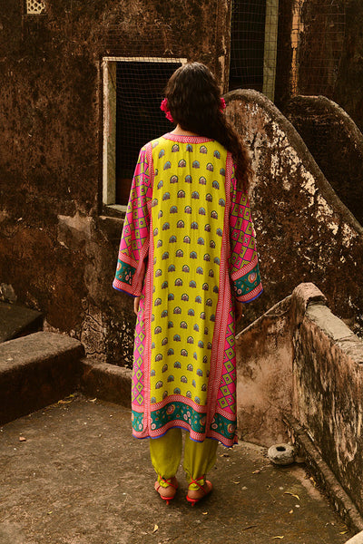 Printed Lime Green and Pink Kurta Set