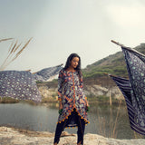 Morbagh Navy Printed Embroidered Asymmetrical Kurta With Dhoti Pants