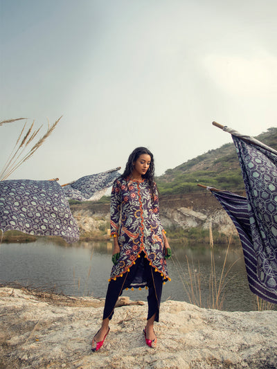 Morbagh Navy Printed Embroidered Asymmetrical Kurta With Dhoti Pants