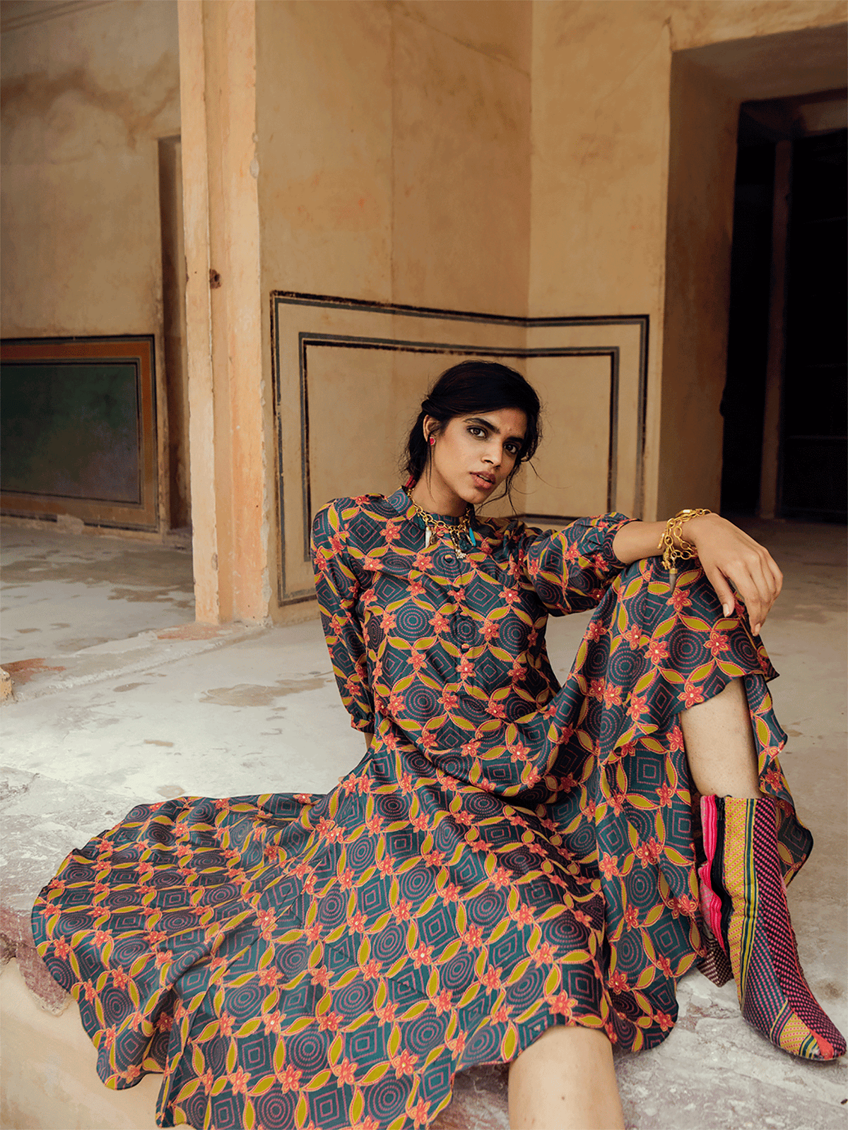 Bikaner Olive Green Danka Embroidered Silk Chanderi Kurta