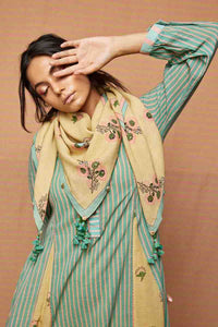 Block Printed Beige Floral Scarf with Tassels