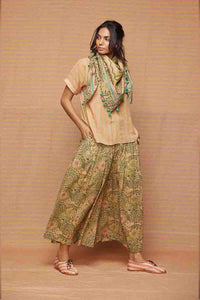 Block Printed Beige Multi Scarf with Tassels