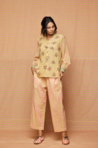 Block Printed Beige with Rose Pink Striped Pants